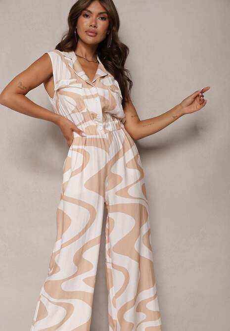 Beżowy Kombinezon z Szerokimi Nogawkami Gumką w Talii w Abstrakcyjny Print Privia