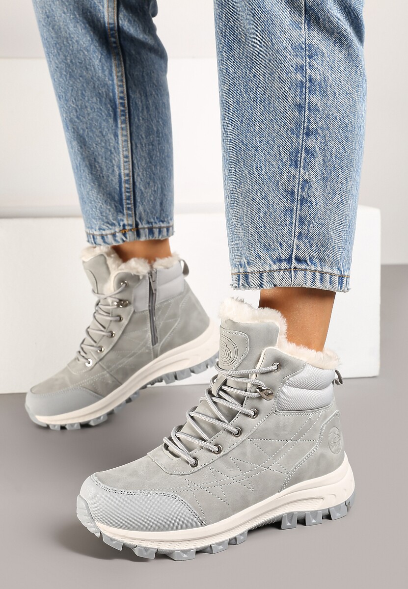 Beżowe Traperki na Tłoczonej Platformie ze Sznurowaniem Zinlatta