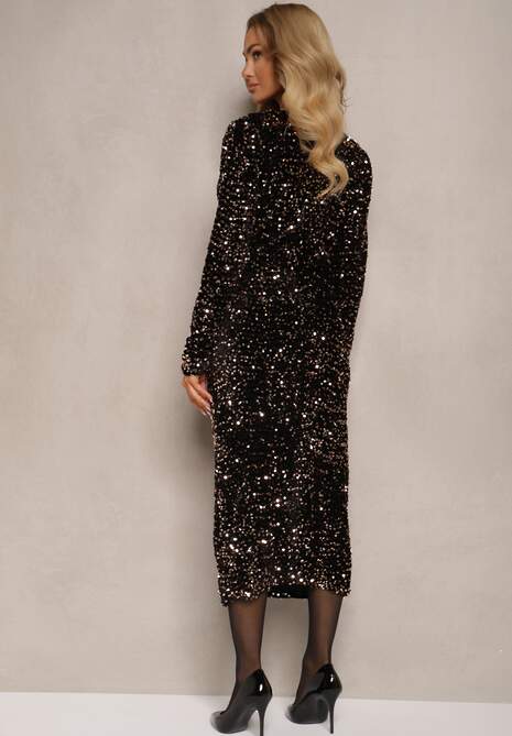 Złoto-Czarna Cekinowa Sukienka z Kopertowym Dekoltem Ozdobiona Marszczeniem Bonitha