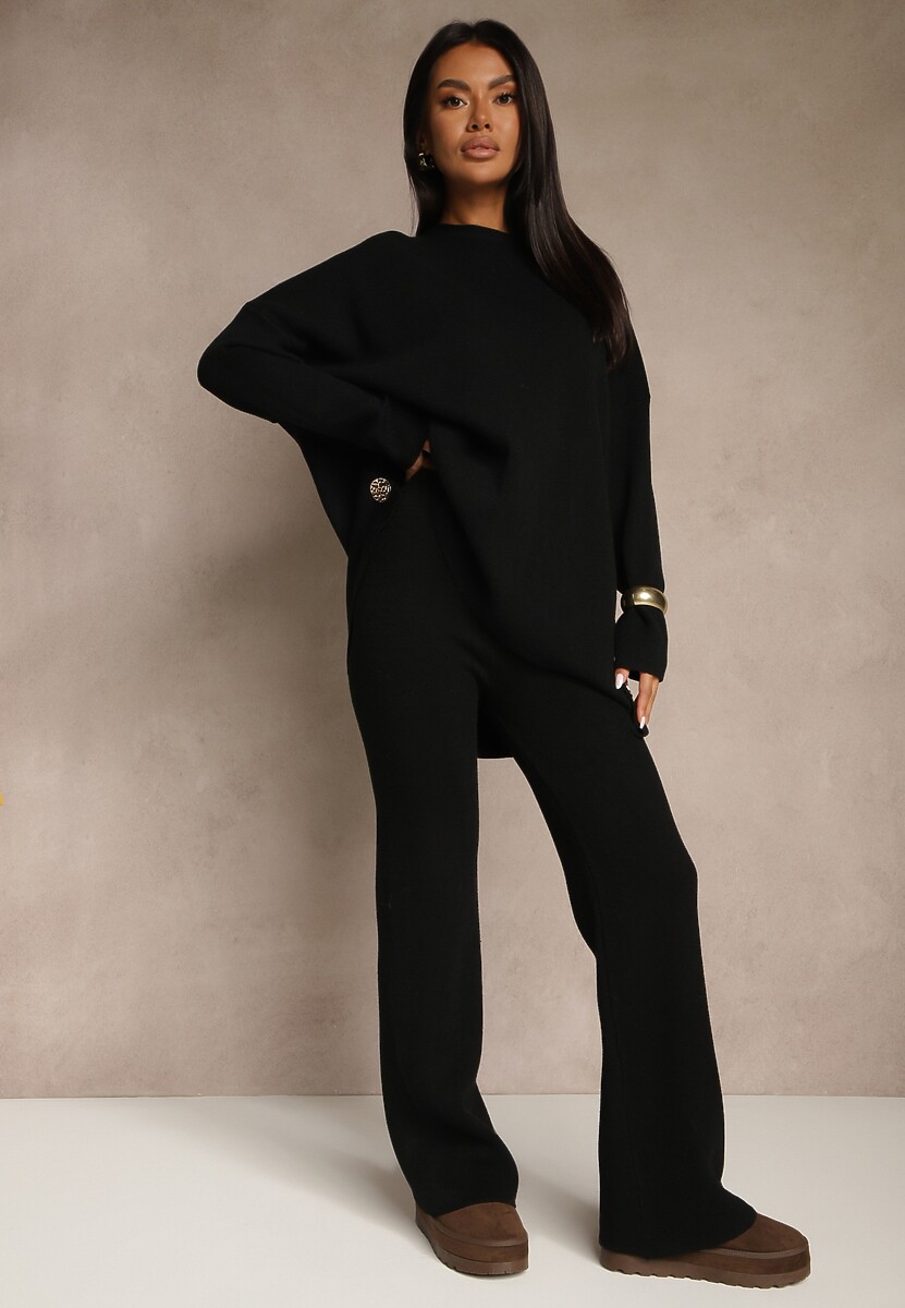 Czarne Dzianinowe Spodnie Wide Leg z Ociepleniem Miosea