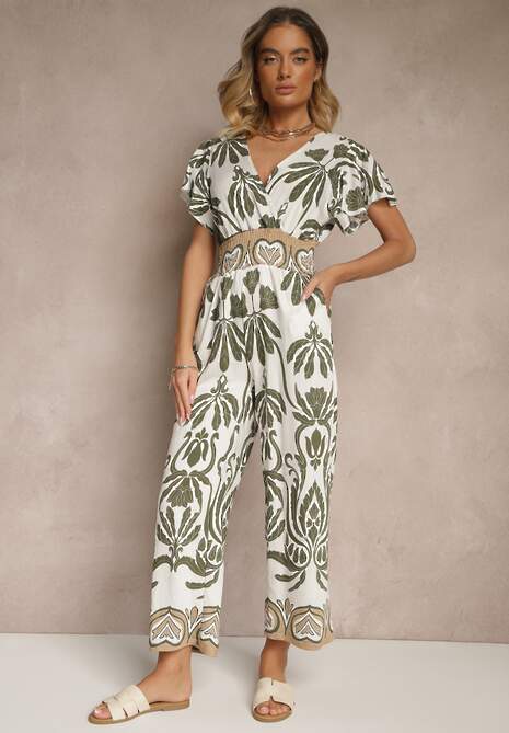 Ciemnozielony Kombinezon z Wiskozy z Zaznaczoną Talią w Boho Wzór i Dekoltem V Virazia