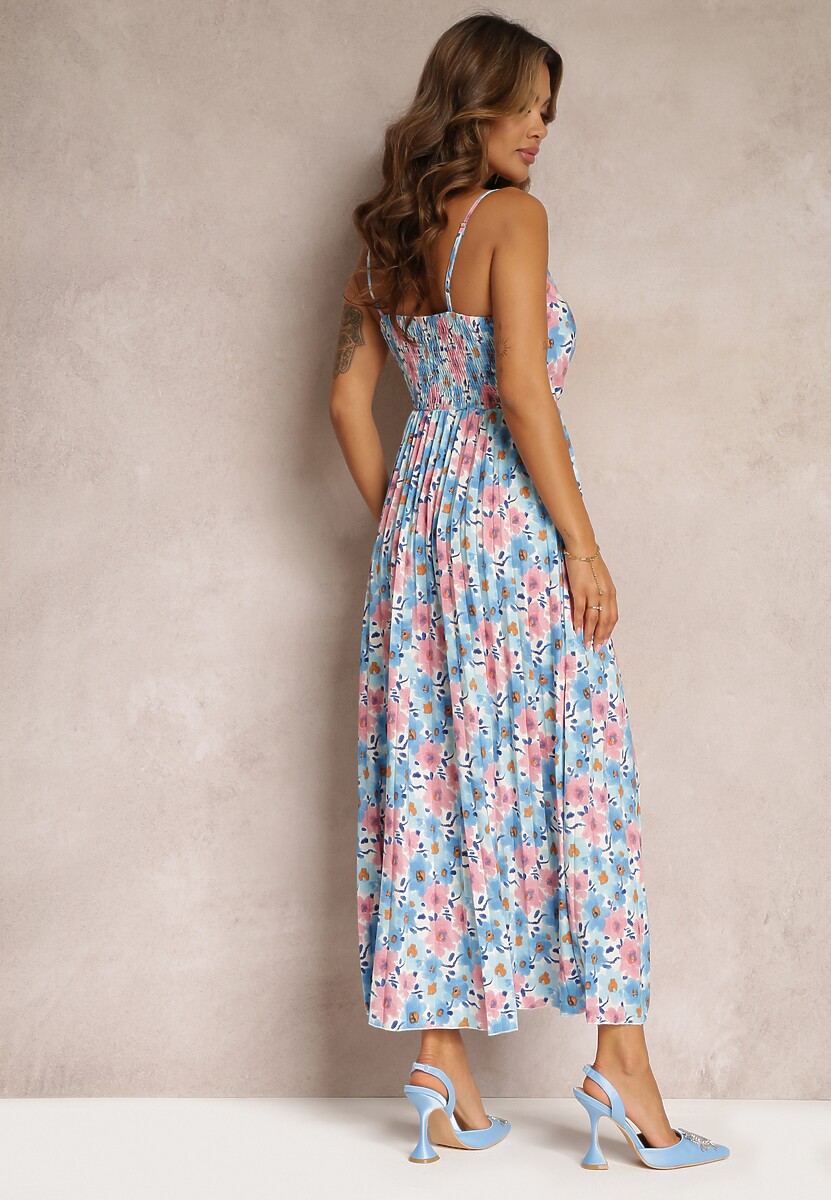 Jasnoniebieska Sukienka Maxi z Regulowanymi Ramiączkami o Plisowanym Fasonie Saino