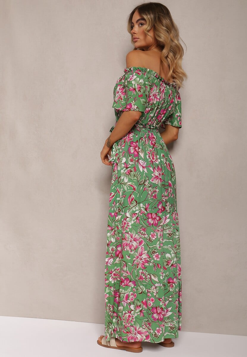 Zielono-Różowa Bawełniana Sukienka Hiszpanka Wiązana w Talii w Kwiatowy Wzór Risarrae