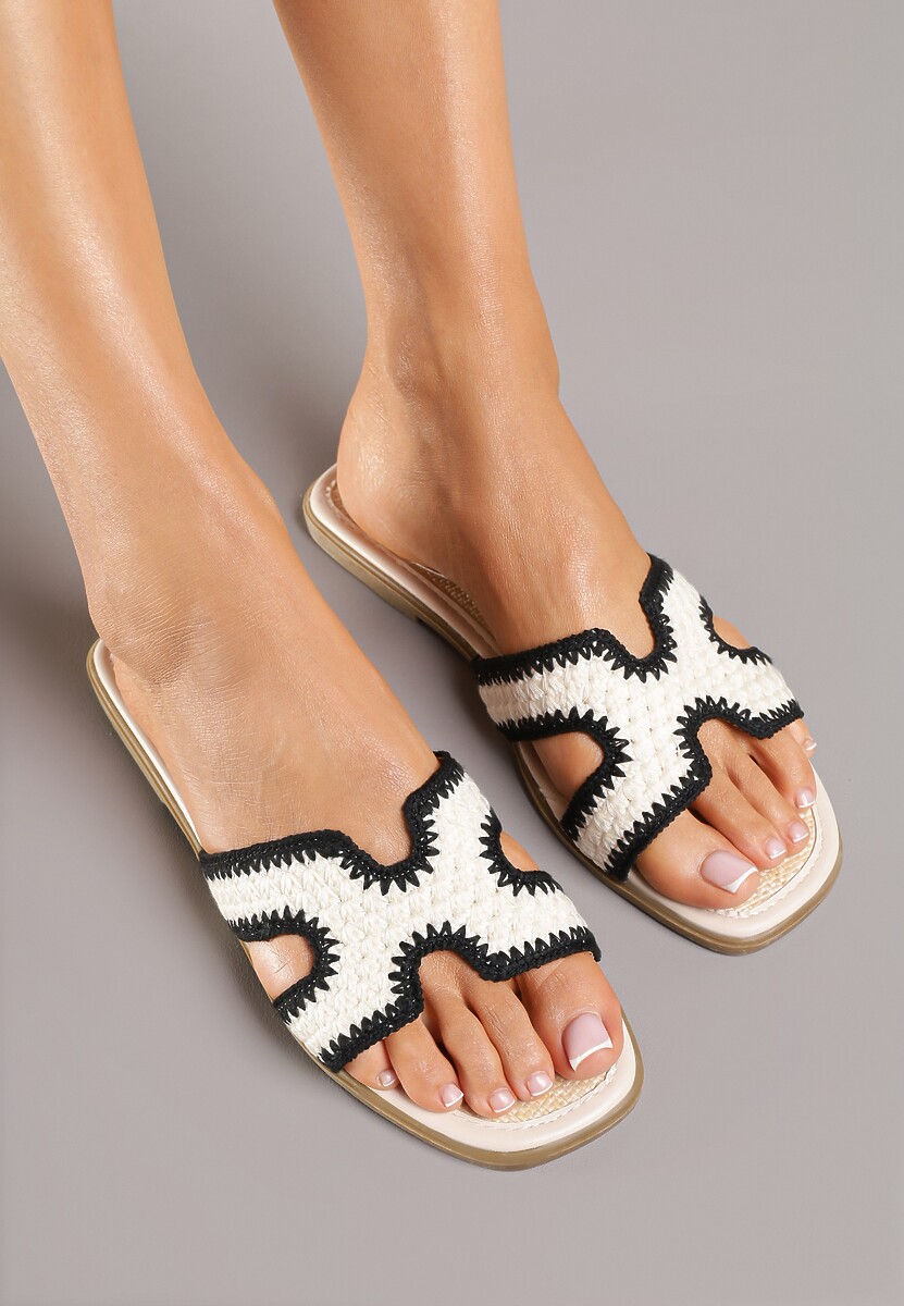 Beżowo-Czarne Klapki z Geometryczną Cholewką i Haftem Zeramea