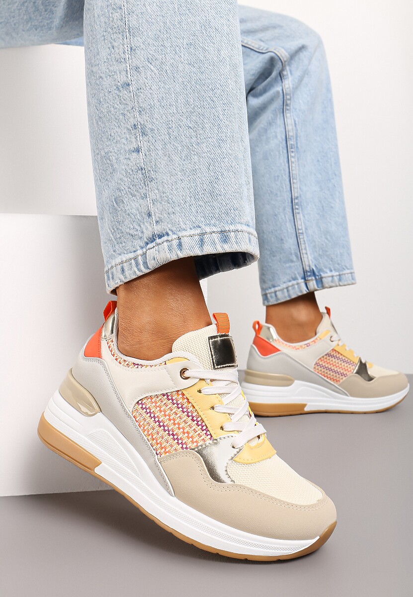 Beżowo-Pomarańczowe Sneakersy z Niskim Koturnem i Ozdobnymi Wstawkami Ysabeltia