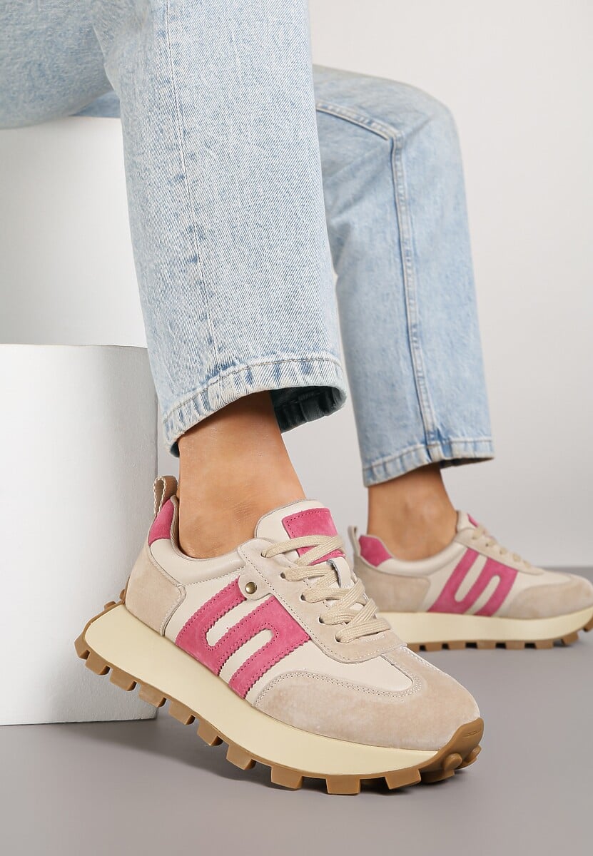 Beżowo-Fuksjowe Sneakersy ze Skóry Naturalnej Ozdobione Geometrycznym Wzorem Melassea