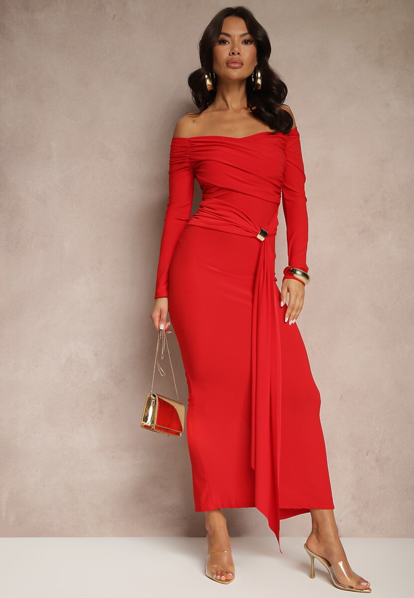 Czerwona Marszczona Sukienka o Dopasowanym Kroju z Trenem i Rozcięciem Aluilea