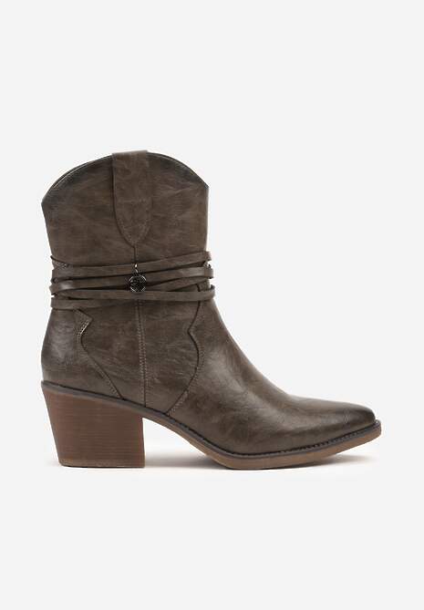 Ciemnobeżowe Botki Kowbojki na Stożkowym Obcasie z Cholewką z Rzemykiem Zoiana