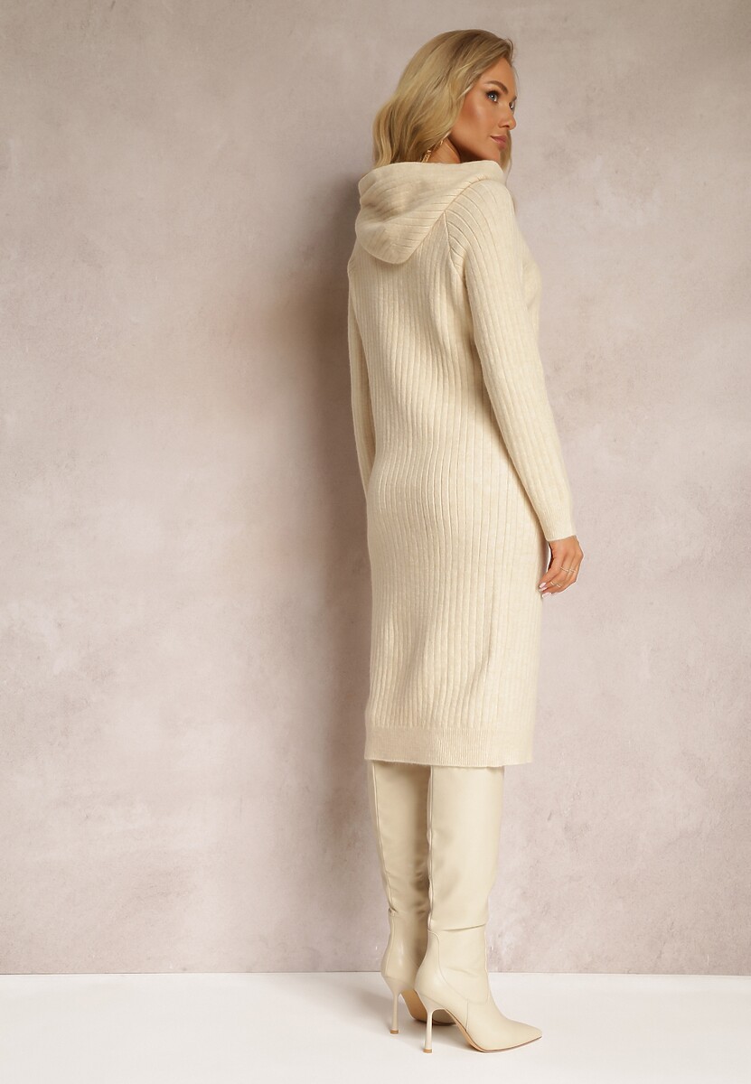 Beżowa Wełniana Sukienka w Prążki z Kapturem Opiuda