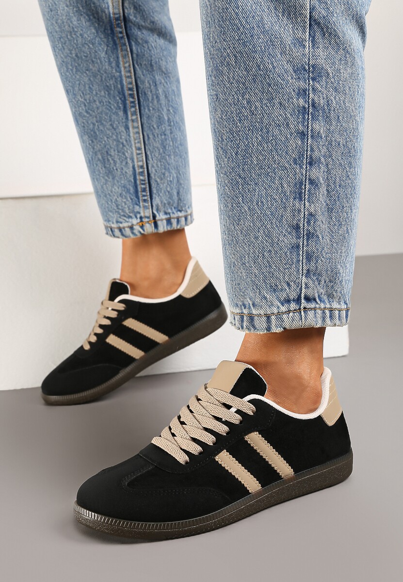 Czarne Casualowe Sneakersy z Ekozamszu na Płaskiej Podeszwie Pemeriana