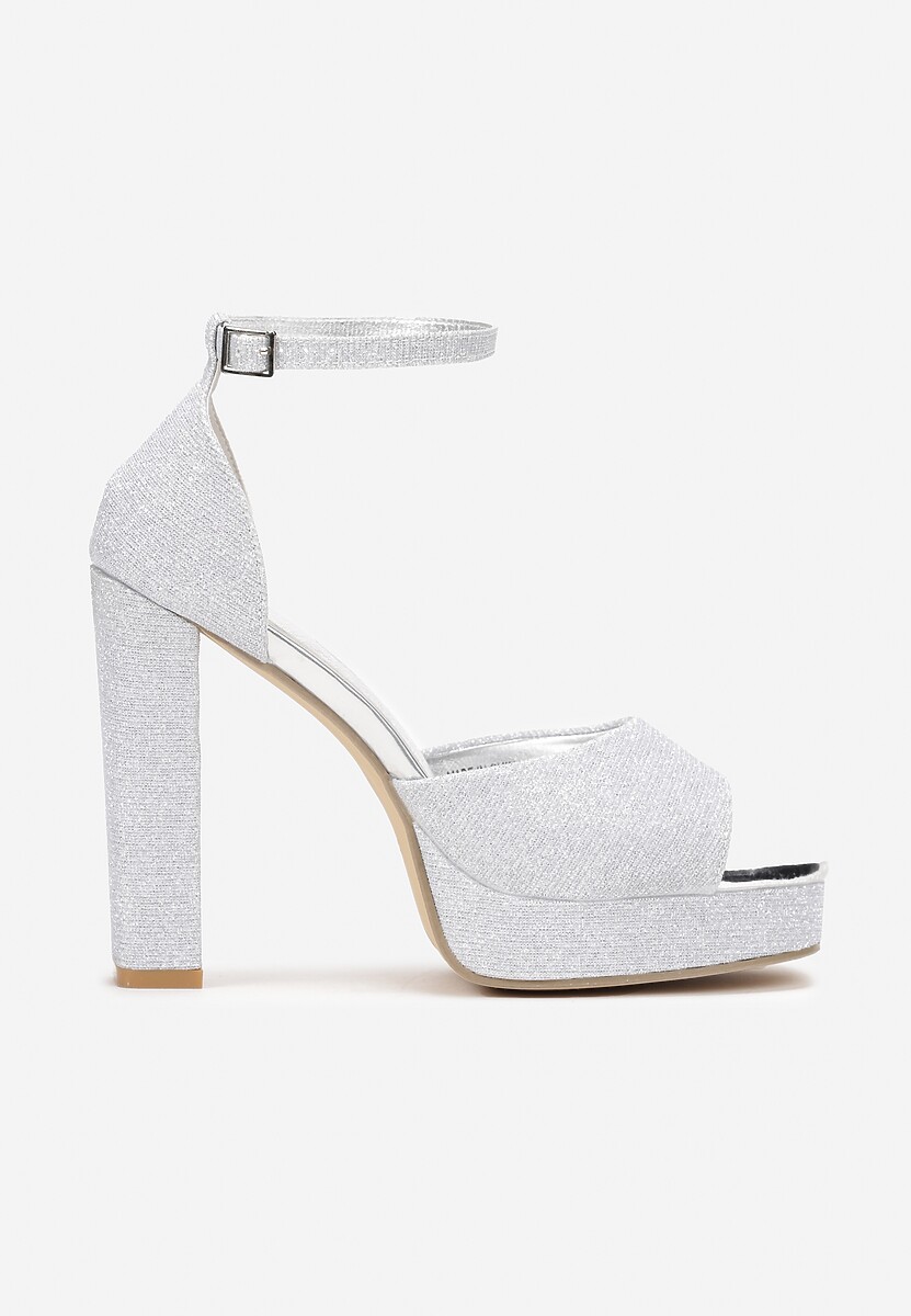 Srebrne Sandały Brokatowe na Słupku i Platformie Mudis