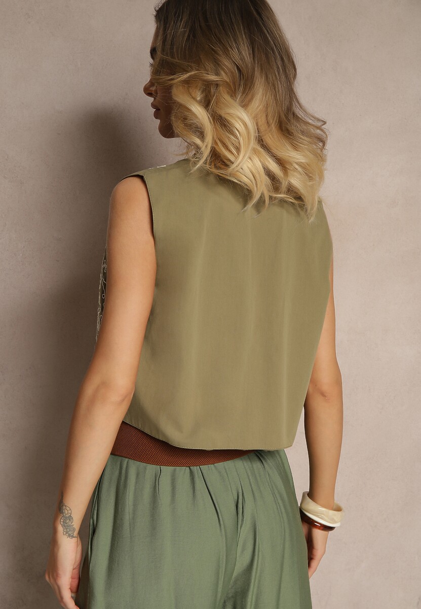 Ciemnozielona Kamizelka z Bawełny z Ozdobnym Haftem Worvanis