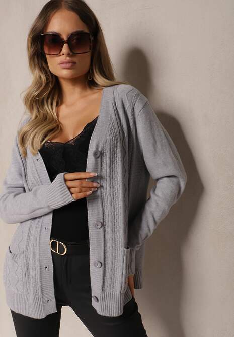 Szary Kardigan z Dodatkiem Bawełny Ozdobiony Tłoczeniami i Kieszeniami Mavalin