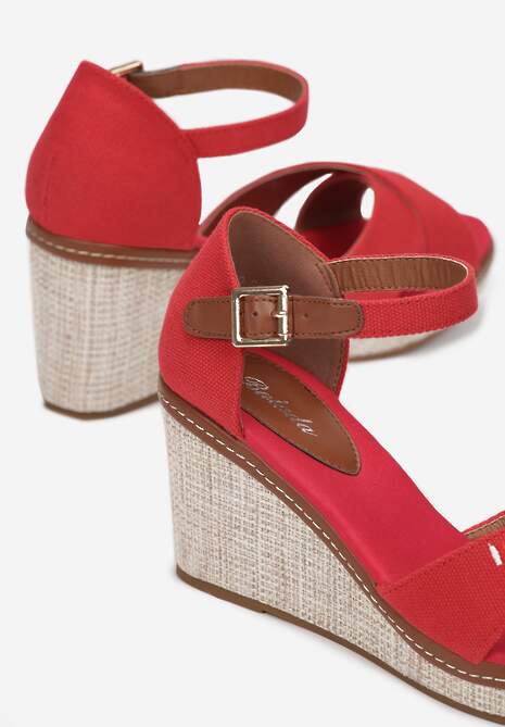 Czerwone Sandały na Plecionej Koturnie Lomatre