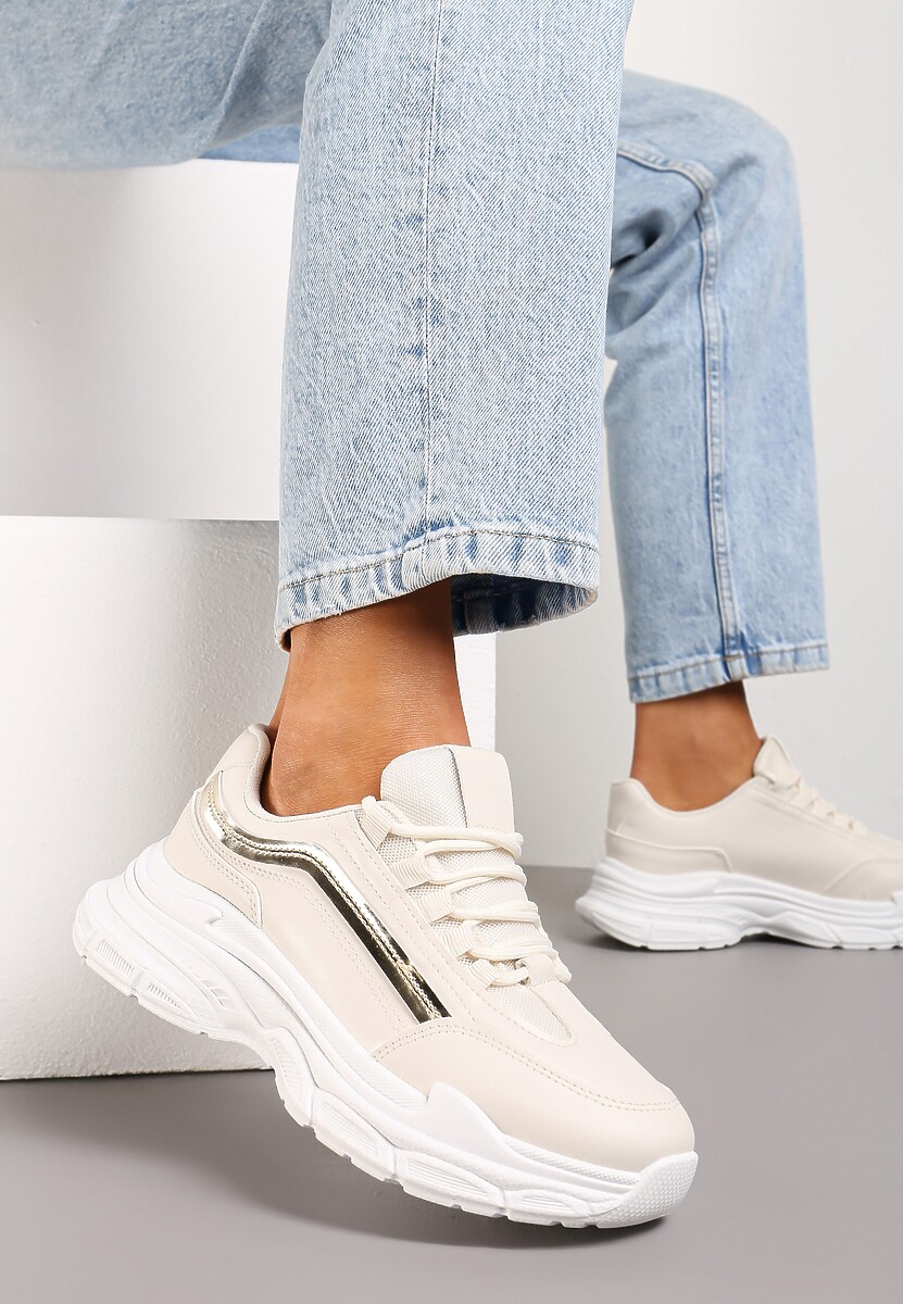 Beżowe Casualowe Sneakersy z Ekoskóry z Ozdobnymi Wstawkami i Sznurowaniem Melindia
