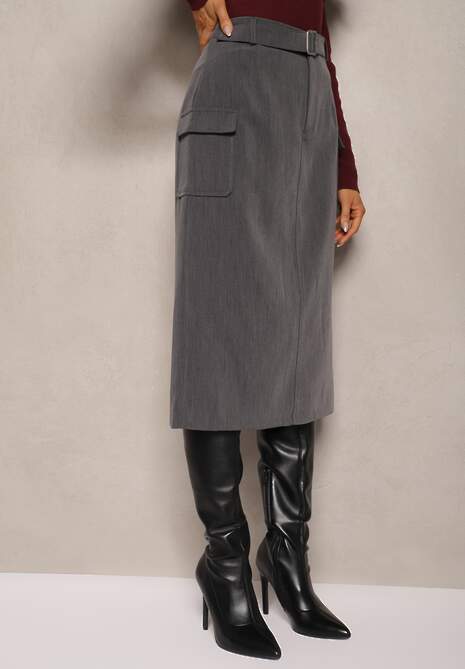 Szara Spódnica z Wiskozą Ozdobione Kieszeniami Cargo i Materiałowym Paskiem Labinia