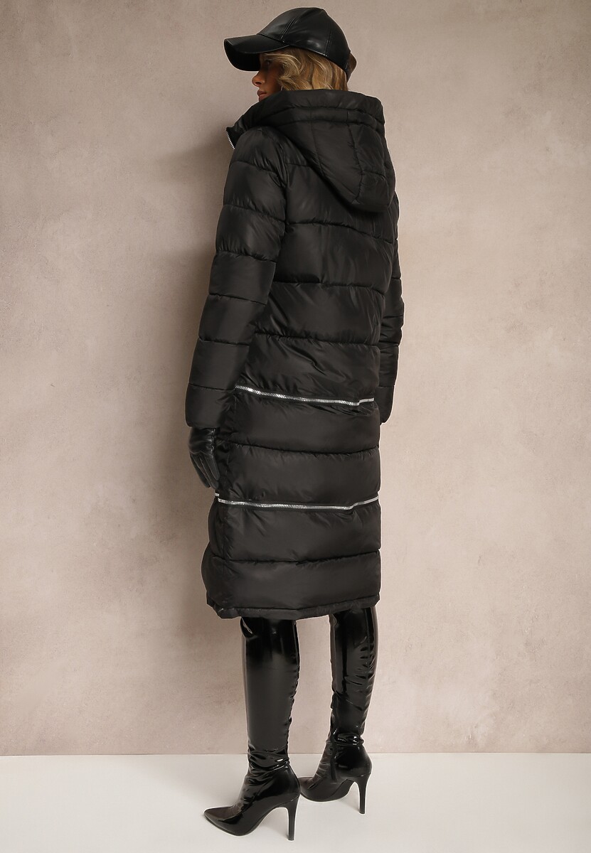 Czarna Pikowana Kurtka Płaszcz z Kapturem i Regulowaną Długością Tirilele