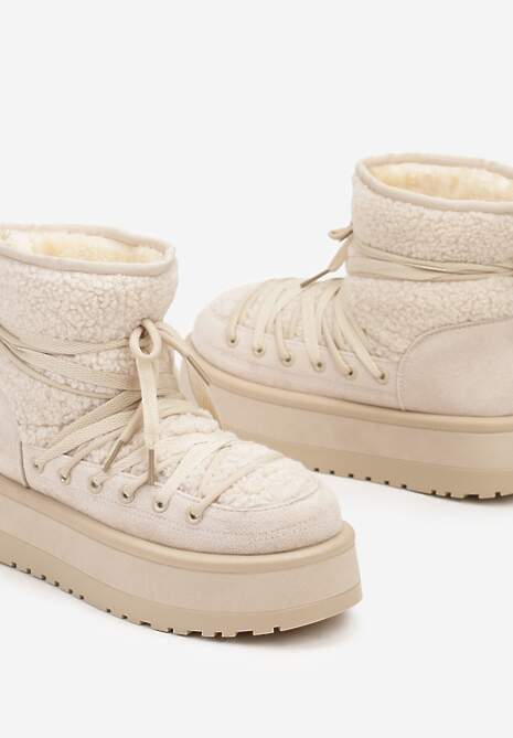 Beżowe Śniegowce na Platformie Wykończone Sztucznym Futerkiem Terilani