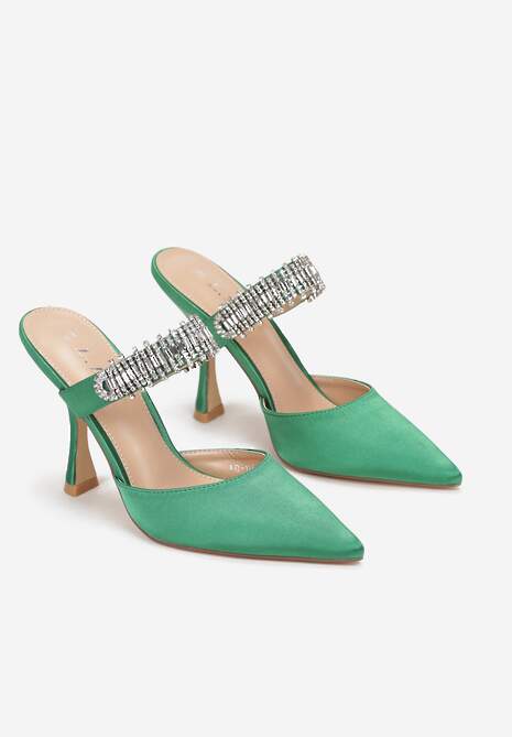Zielone Klapki na Szpilce z Paskiem z Cyrkoniami Camree