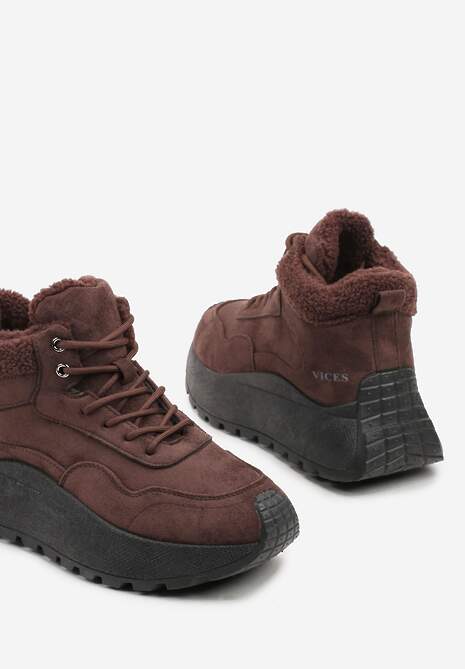Brązowe Sneakersy Śniegowce Vices na Platformie Ozdobione Napisem i Futerkiem Lanite
