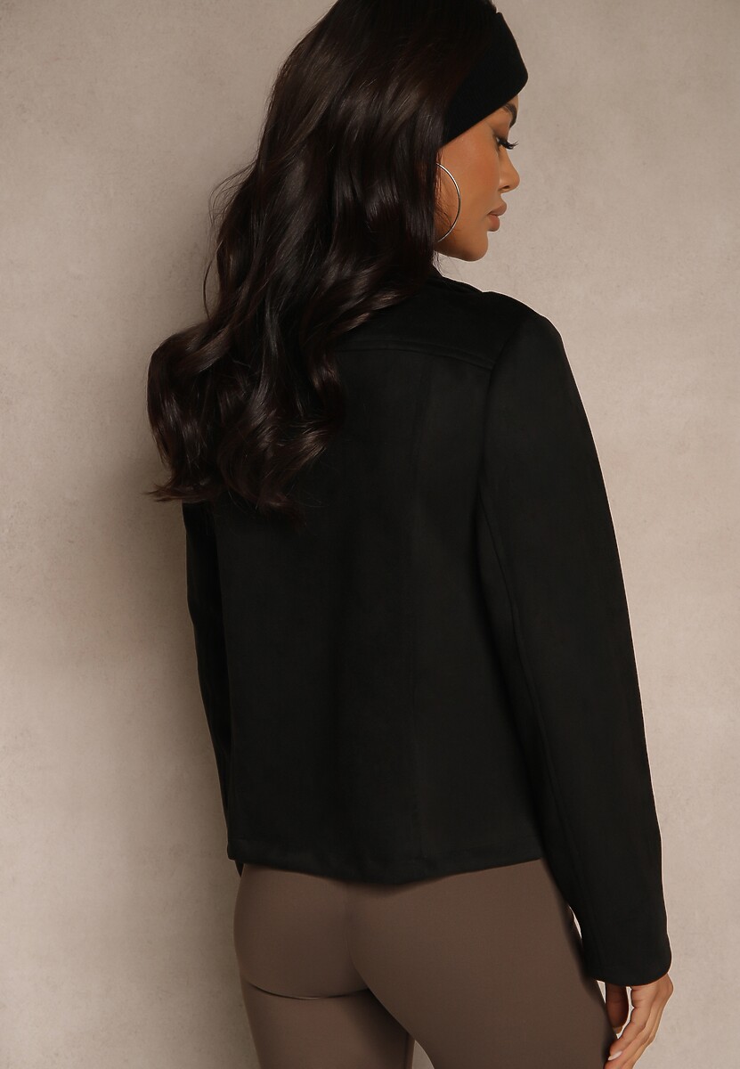 Czarna Asymetryczna Kurtka Ramoneska  z Imitacji Zamszu Kmiya