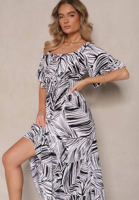 Czarna Sukienka z Bawełny o Rozkloszowanym Kroju z Motywem Liści Aluielle