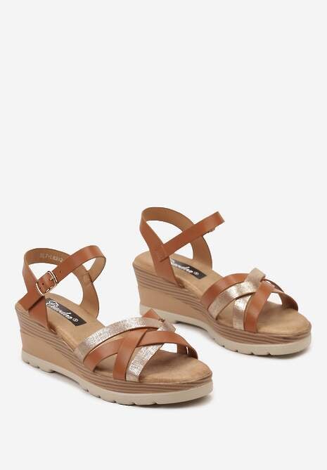 Brązowe Sandały Zapinane wokół Kostki na Koturnie z Ozdobną Metaliczną Nicią Idrasca