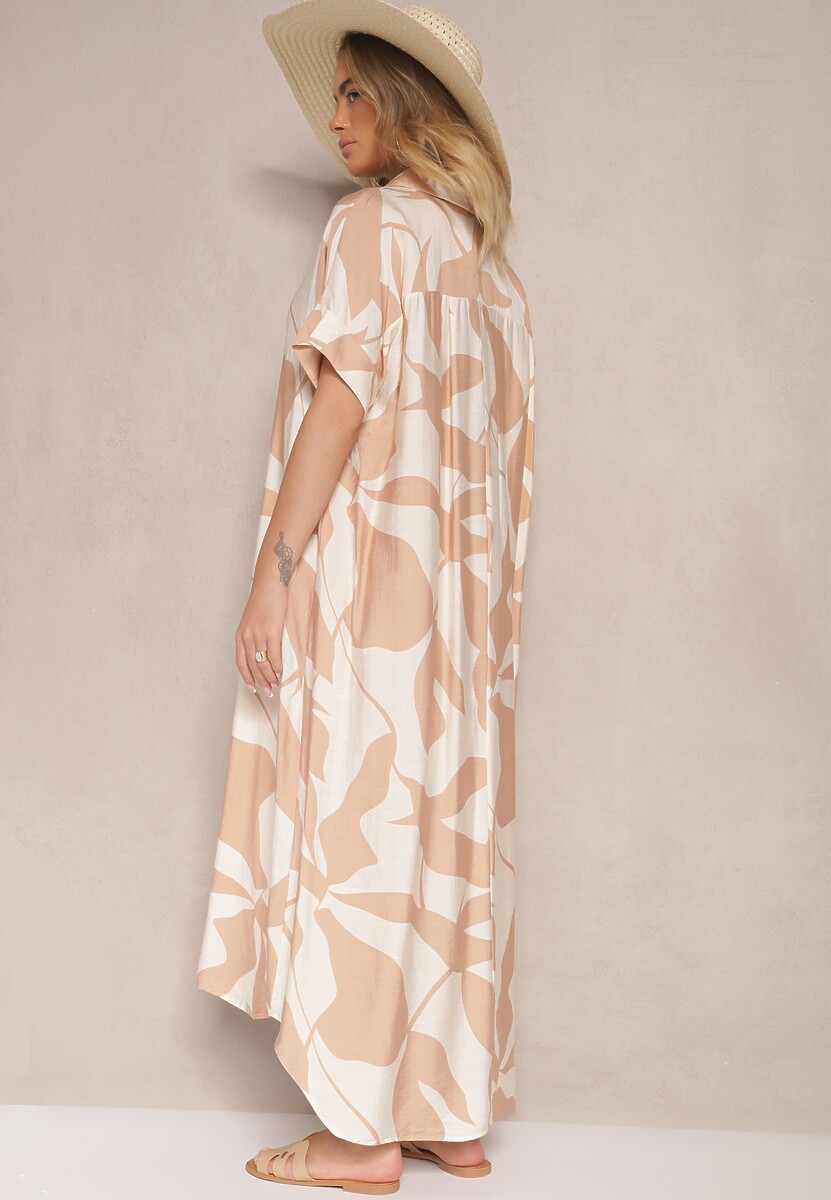 Brązowa Rozkloszowana Sukienka w Abstrakcyjny Wzór z Bawełną Telianiela