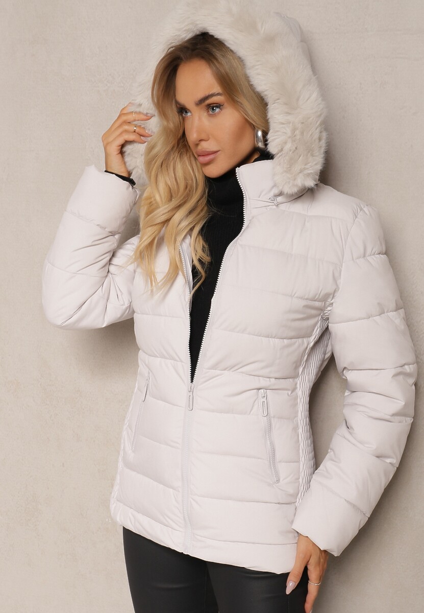 Ciemnobeżowa Taliowana Kurtka z Pikowanymi Przeszyciami z Kapturem z Futerkiem Loretina