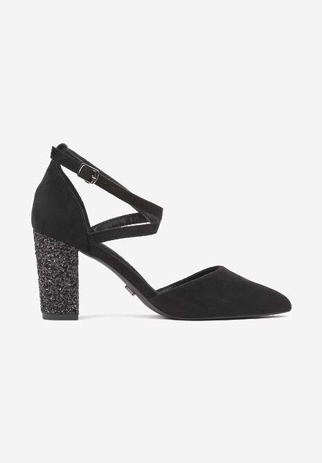 Czarne Czółenka na Brokatowym Słupku ze Skórzaną Wkładką i Ozdobnymi Paskami Leaniria