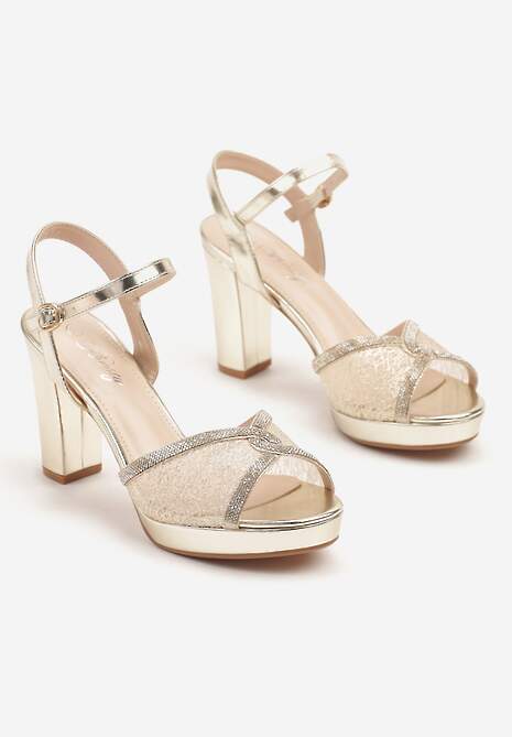 Złote Transparentne Sandały na Słupkowym Obcasie Zdobione Brokatem Valdiva