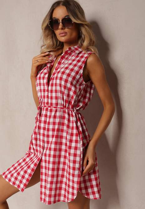 Czerwono-Biała Wiskozowa Sukienka o Koszulowym Kroju Wiązana w Pasie Rivalea