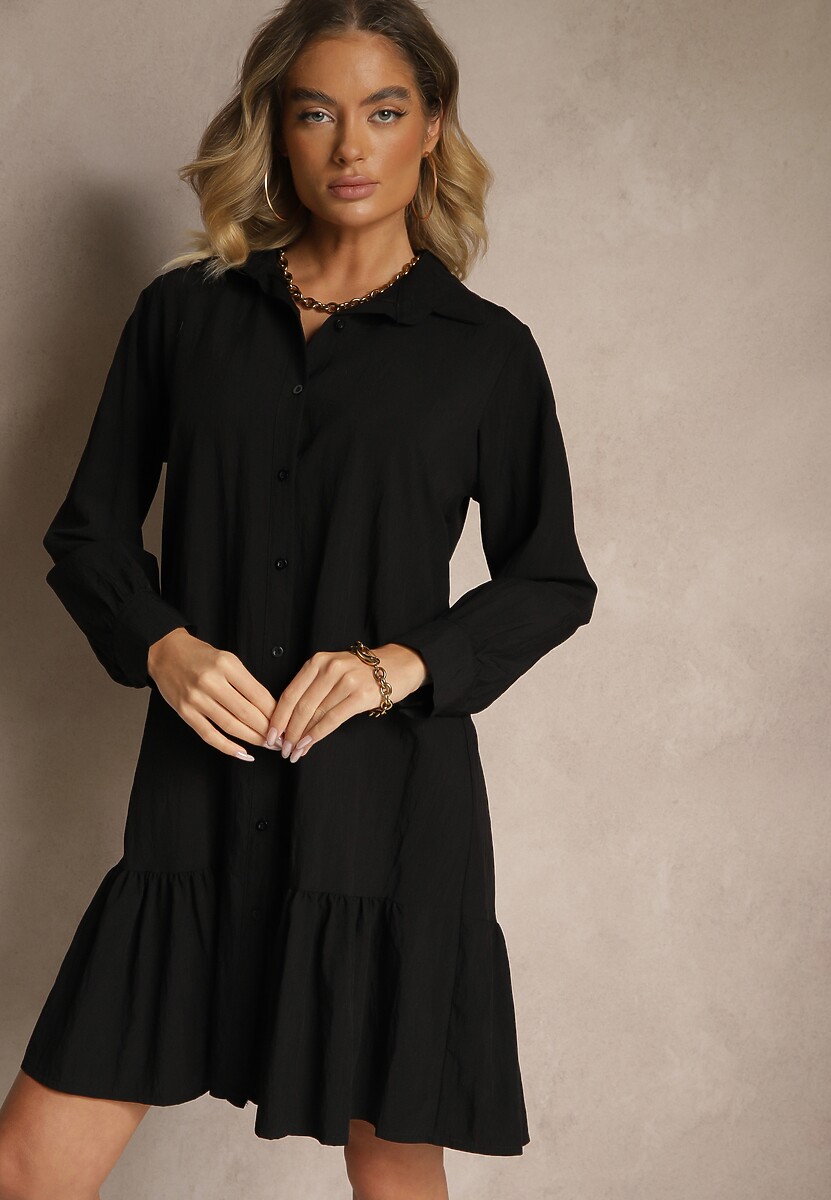 Czarna Koszulowa Sukienka z Wiskozą Zakończona Falbanką Tirzedi