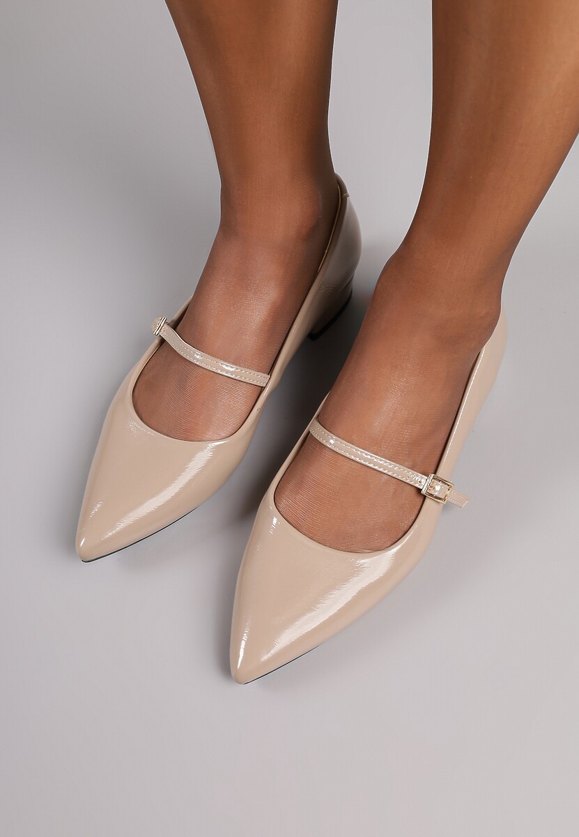 Ciemnobeżowe Balerinki Lakierowane Vices z Wkładką ze Skóry Naturalnej Ozdobione Paskiem Tikkie