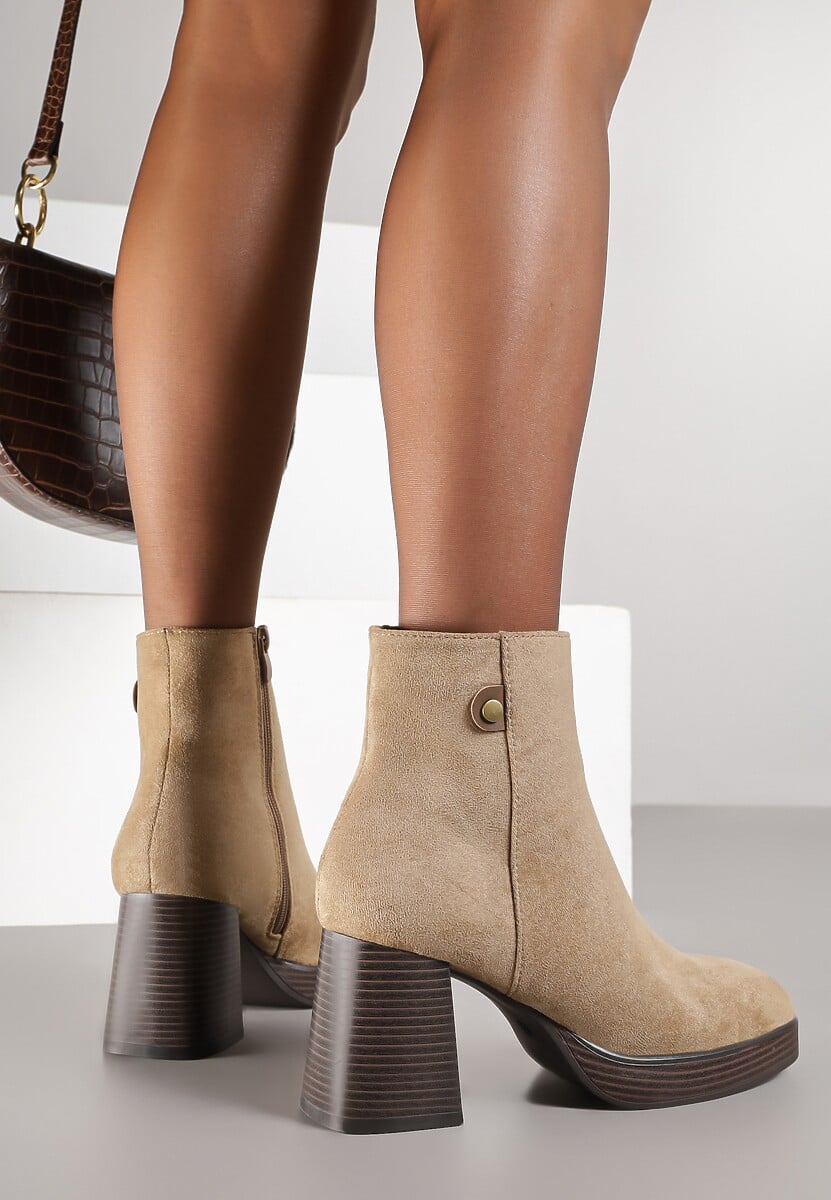 Ciemnobeżowe Ocieplane Botki na Słupku Irissaura