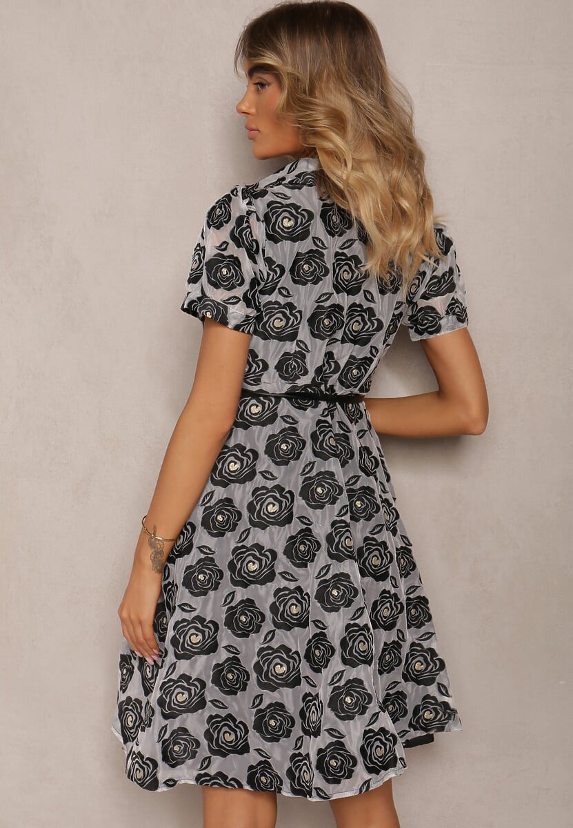 Czarno-Szara Koktajlowa Taliowana Sukienka o Kroju Koszulowym Ozdobiona Paskiem z Perełką Vimalette