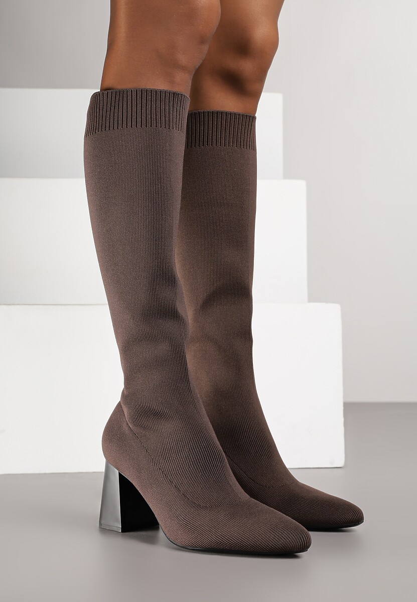 Brązowe Skarpetkowe Kozaki VICES na Słupkowym Obcasie Ralles