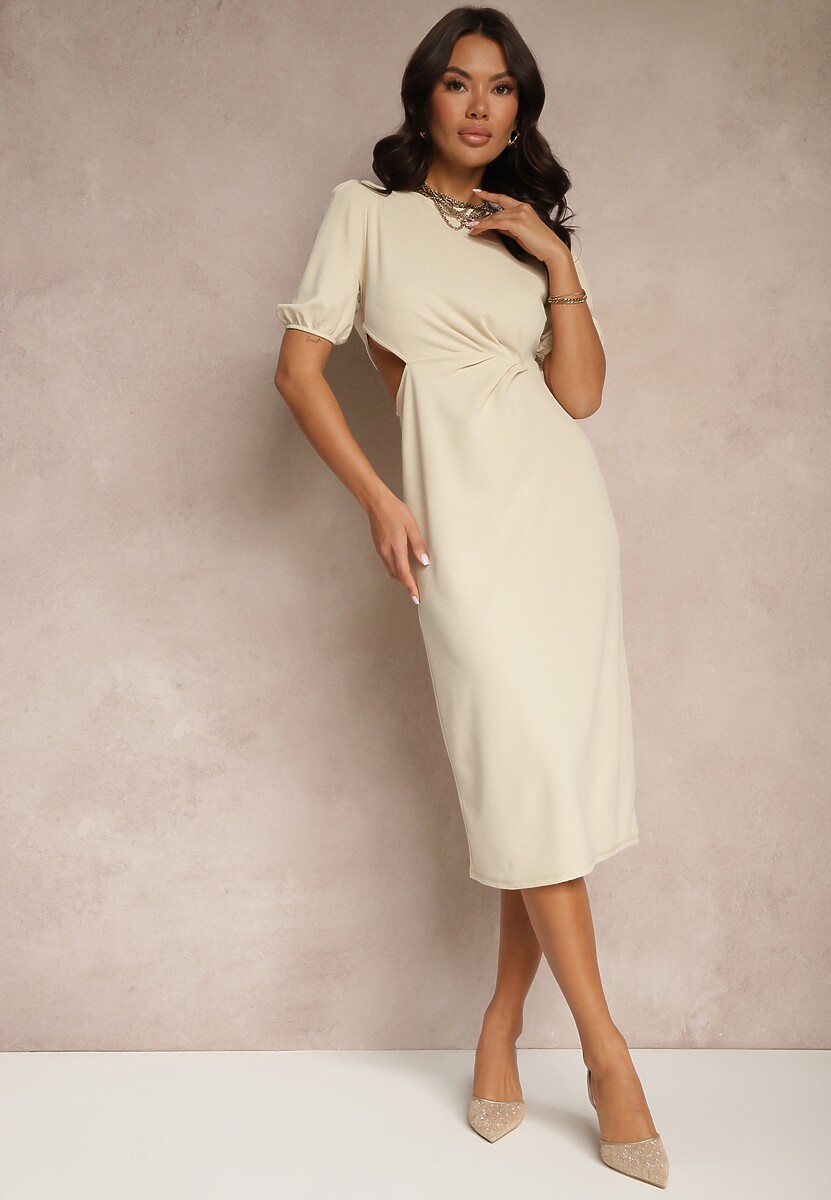 Beżowa Dopasowana Sukienka Zdobiona Marszczeniem i Wycięciem w Pasie Desariel