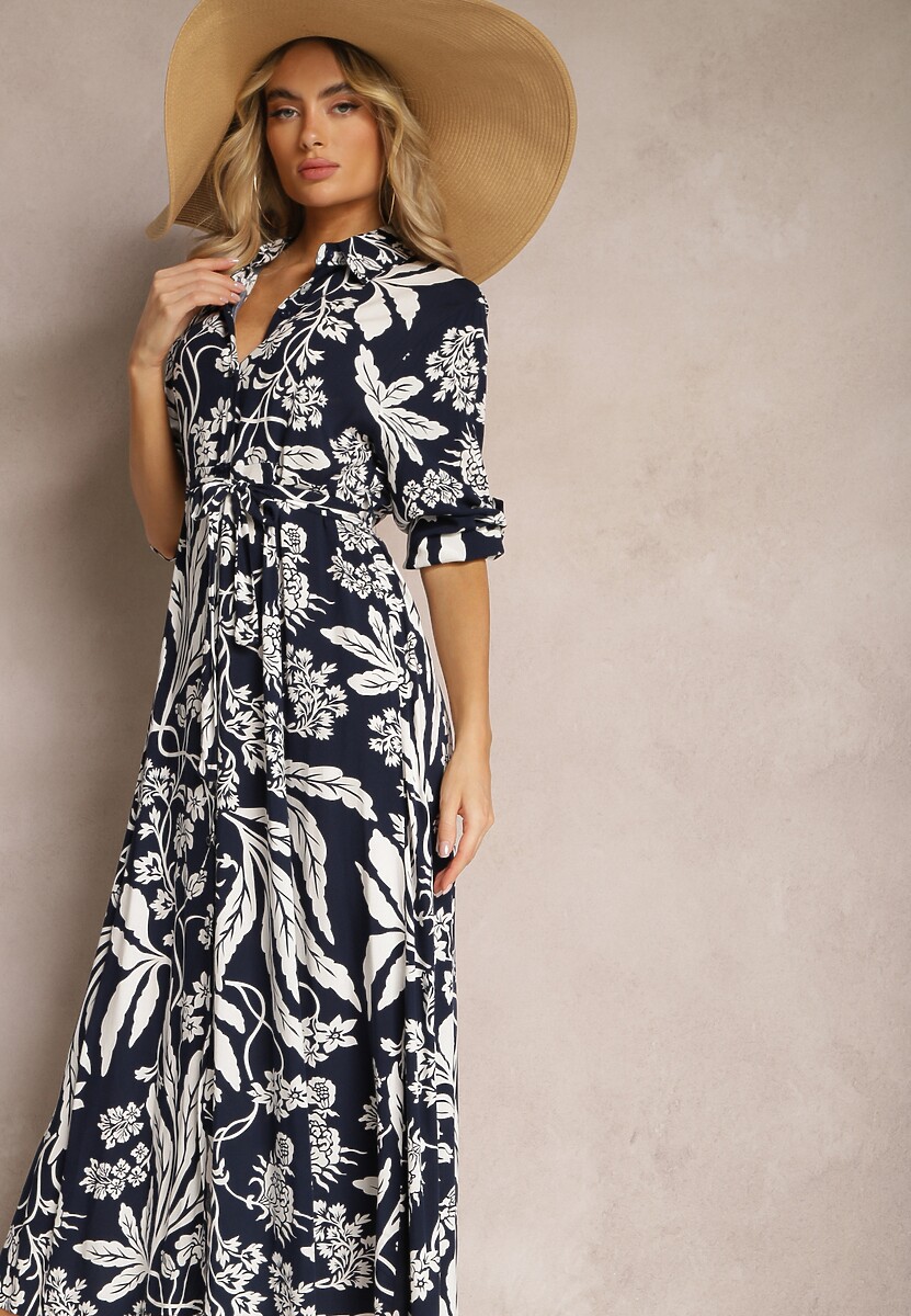 Granatowo-Biała Sukienka o Długim Koszulowym Fasonie z Wzorem w Kwiaty Seraplle