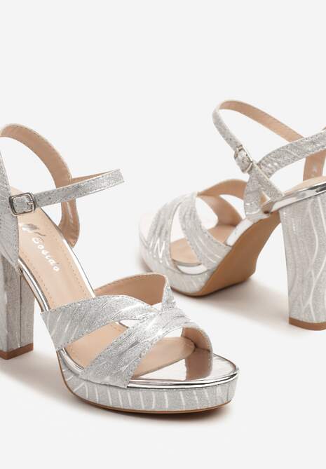 Srebrne Sandały na Słupku i Platformie z Brokatem Toliranna