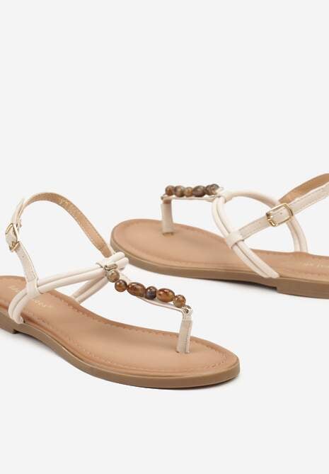 Beżowe Sandały Typu Japonki Ozdobione Koralikami Vimathea