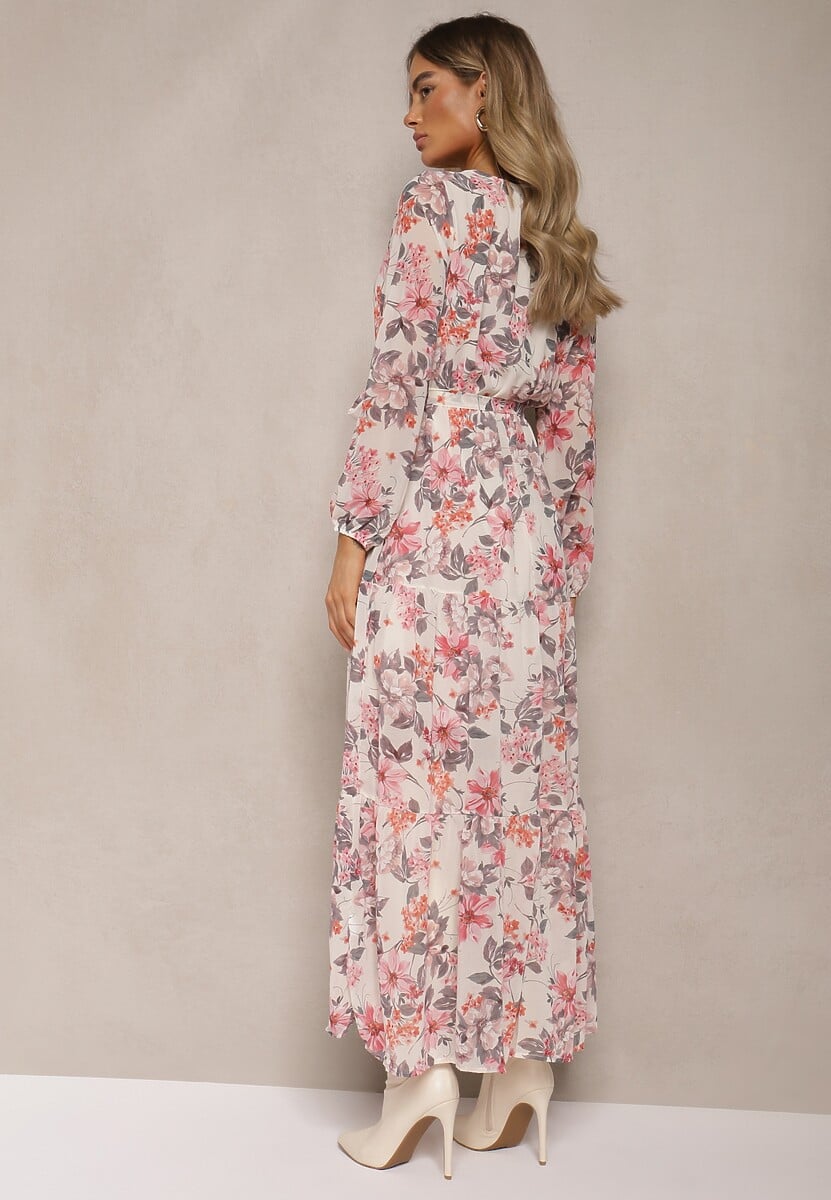 Beżowa Sukienka Maxi z Kopertowym Dekoltem i Gumką z Wiązaniem w Talii Alret