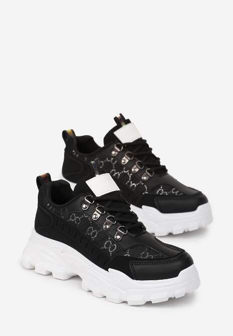 Czarne Sneakersy Sznurowane z Zaokrąglonym Noskiem na Grubej Podeszwie Alaiad