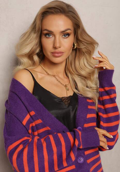 Fioletowy Kardigan w Paski o Wydłużonym Fasonie z Dekoltem V Zapinany na Guziki Ravime