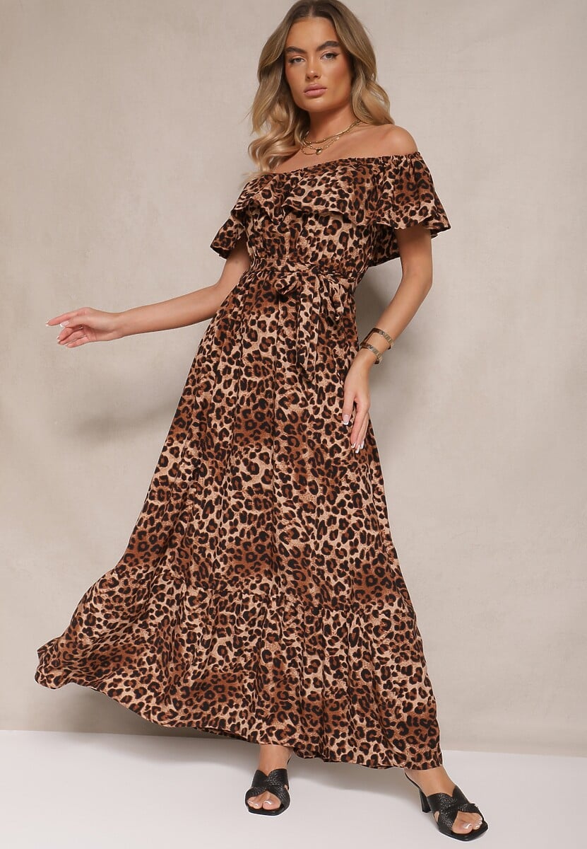 Brązowa Rozkloszowana Sukienka Hiszpanka z Gumką w Talii w Panterkowy Wzór Hiterta
