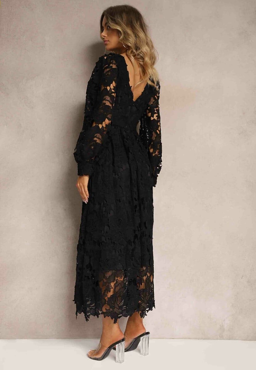 Czarna Rozkloszowana Sukienka Retro z Ażurowej Koronki Meliris