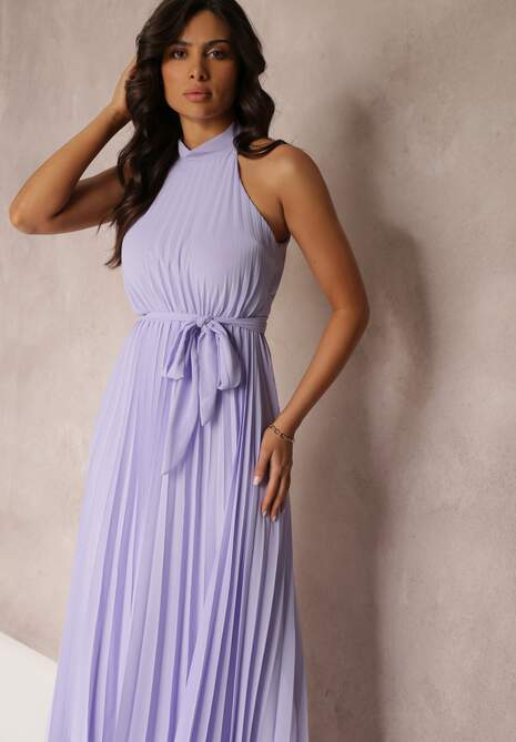 Fioletowa Sukienka Maxi bez Rękawów z Gumką w Talii z Plisowanej Tkaniny Pesstia