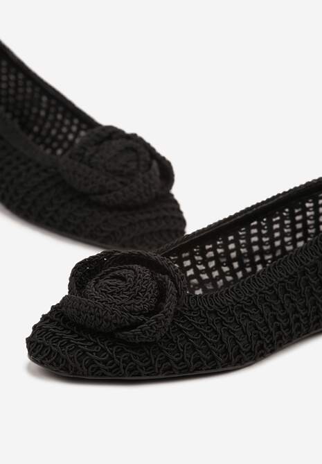 Czarne Balerinki Vices z Plecionki Zdobione Wiązaniem i Aplikacją Erezelia
