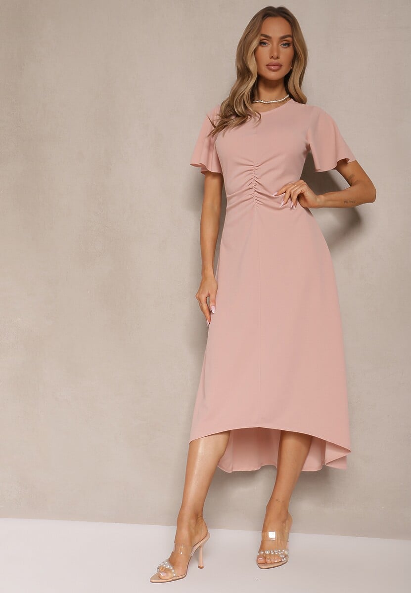 Różowa Sukienka o Rozkloszowanym Kroju z Marszczeniem Odarene