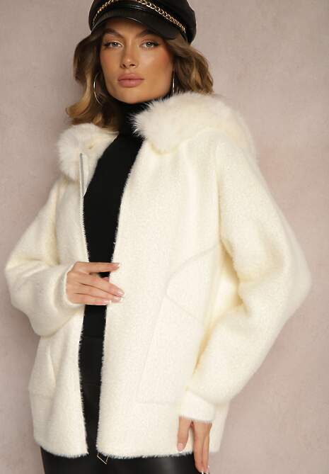 Jasnobeżowa Bluza z Wełną z Kapturem i Kieszeniami Ozdobiona Futerkiem Siliti